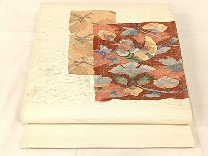 平和屋着物◎太鼓柄袋帯　すくい織　鴛鴦花文　銀糸　正絹　逸品　AABN1404dk