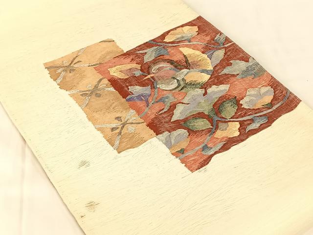 平和屋着物◎太鼓柄袋帯　すくい織　鴛鴦花文　銀糸　正絹　逸品　AABN1404dk