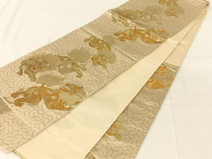 平和屋着物◎六通柄袋帯　唐獅子　金糸　正絹　逸品　AABN1408dk