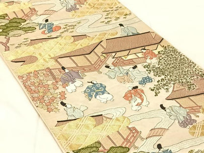 平和屋着物◎六通柄袋帯　人物風景文　金糸　正絹　逸品　AABN1418dk