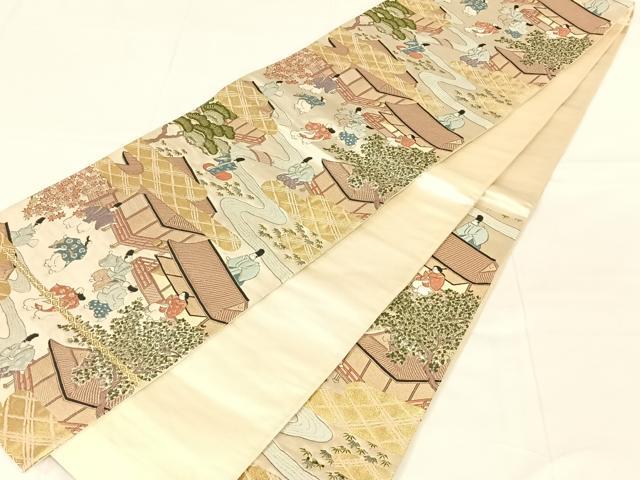 平和屋着物◎六通柄袋帯　人物風景文　金糸　正絹　逸品　AABN1418dk