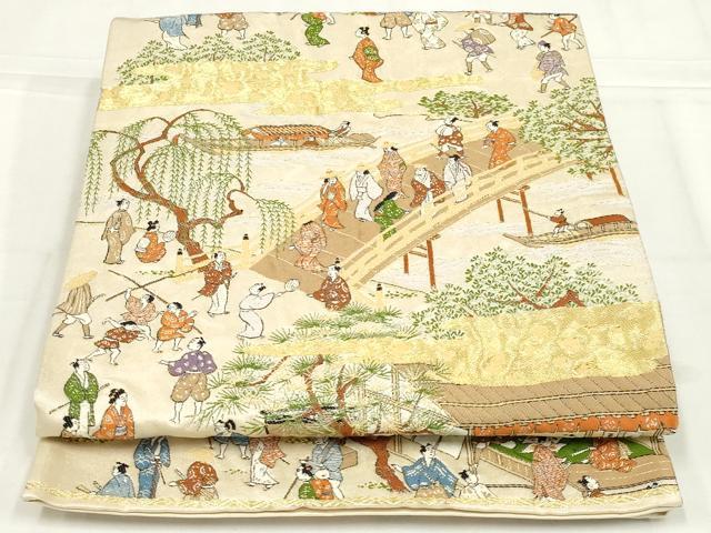 平和屋着物◎六通柄袋帯　人物風景文　金糸　正絹　逸品　AABN1464ou