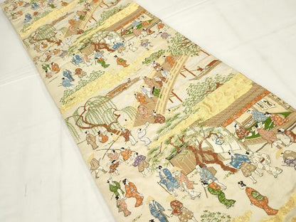 平和屋着物◎六通柄袋帯　人物風景文　金糸　正絹　逸品　AABN1464ou