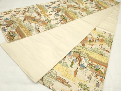 平和屋着物◎六通柄袋帯　人物風景文　金糸　正絹　逸品　AABN1464ou