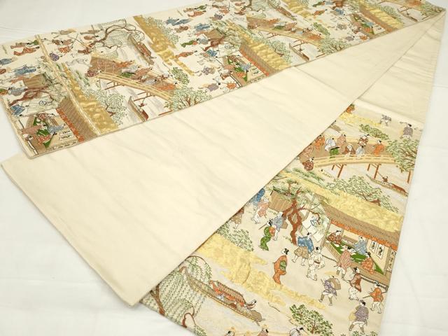 平和屋着物◎六通柄袋帯　人物風景文　金糸　正絹　逸品　AABN1464ou