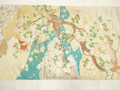 平和屋着物◎太鼓柄袋帯　唐織　流水枝花文　金糸　正絹　逸品　AABN1472ou
