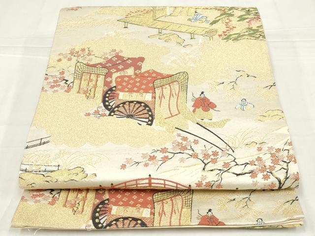 平和屋着物◎六通柄袋帯　人物風景文　金糸　正絹　逸品　AABN1473ou
