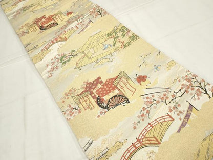 平和屋着物◎六通柄袋帯　人物風景文　金糸　正絹　逸品　AABN1473ou