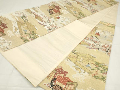 平和屋着物◎六通柄袋帯　人物風景文　金糸　正絹　逸品　AABN1473ou