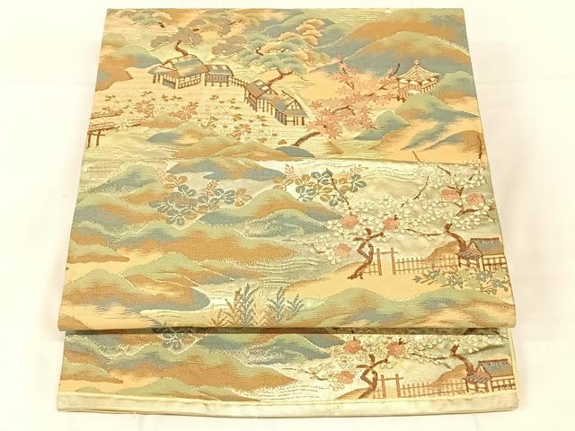 平和屋着物◎六通柄袋帯　四季山水図　金糸　正絹　逸品　AABN1491dk