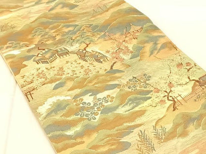 平和屋着物◎六通柄袋帯　四季山水図　金糸　正絹　逸品　AABN1491dk