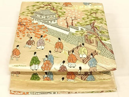 平和屋着物◎六通柄袋帯　人物風景文　金糸　正絹　逸品　AABN1496dk