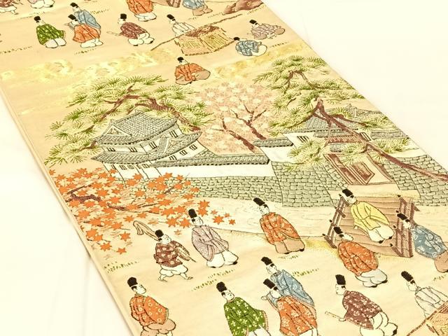 平和屋着物◎六通柄袋帯　人物風景文　金糸　正絹　逸品　AABN1496dk