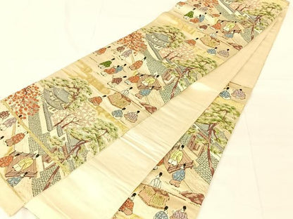 平和屋着物◎六通柄袋帯　人物風景文　金糸　正絹　逸品　AABN1496dk
