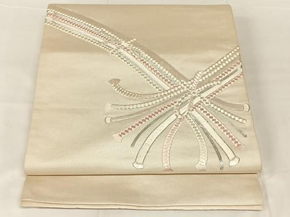 平和屋着物◎太鼓柄袋帯　駒刺繍　結び紐文　銀糸　正絹　逸品　AABN1501dk
