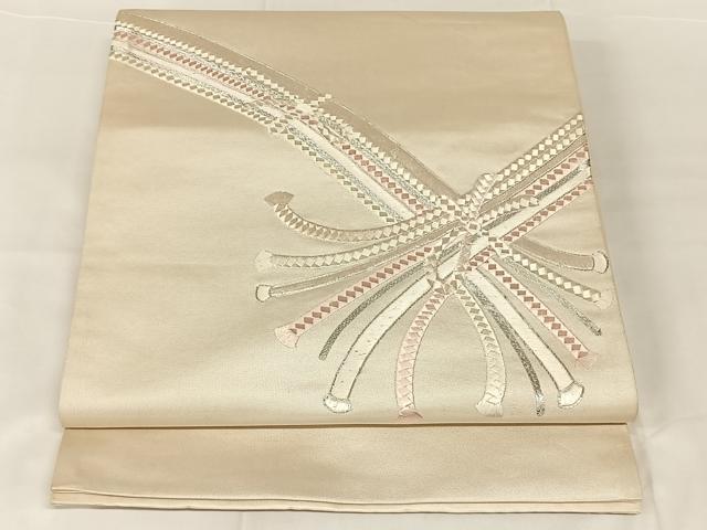 平和屋着物◎太鼓柄袋帯　駒刺繍　結び紐文　銀糸　正絹　逸品　AABN1501dk