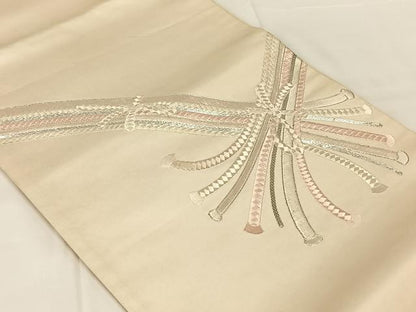 平和屋着物◎太鼓柄袋帯　駒刺繍　結び紐文　銀糸　正絹　逸品　AABN1501dk