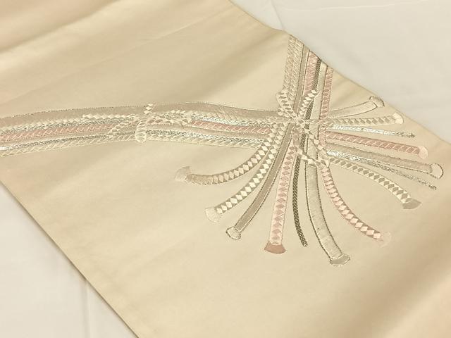 平和屋着物◎太鼓柄袋帯　駒刺繍　結び紐文　銀糸　正絹　逸品　AABN1501dk