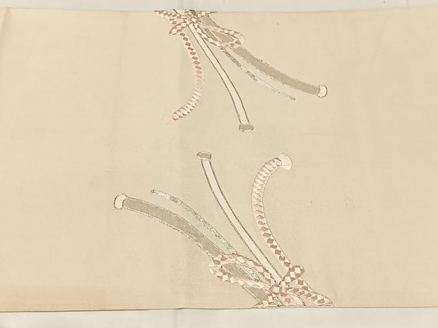 平和屋着物◎太鼓柄袋帯　駒刺繍　結び紐文　銀糸　正絹　逸品　AABN1501dk