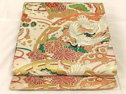 平和屋着物◎アンティーク　大正ロマン　丸帯　地紙飛鶴花文　正絹　逸品　AABN1502dk