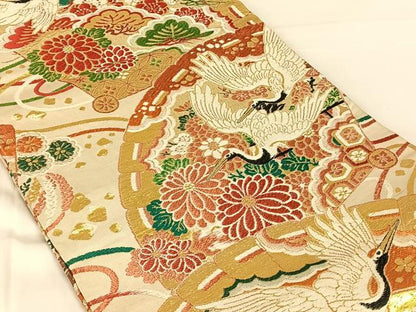 平和屋着物◎アンティーク　大正ロマン　丸帯　地紙飛鶴花文　正絹　逸品　AABN1502dk