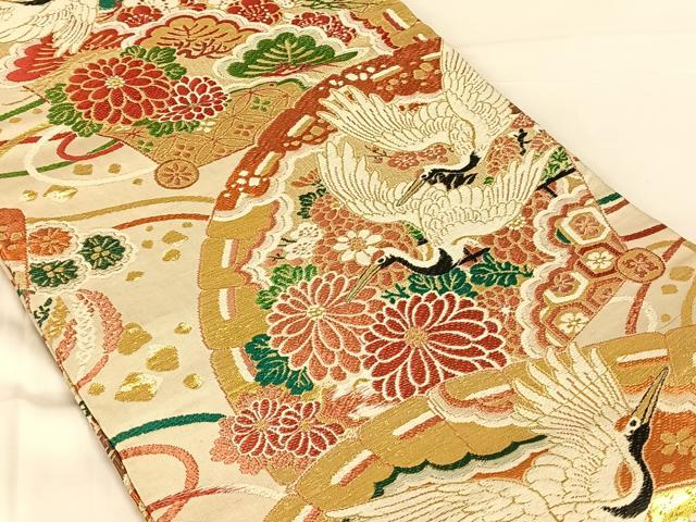 平和屋着物◎アンティーク　大正ロマン　丸帯　地紙飛鶴花文　正絹　逸品　AABN1502dk