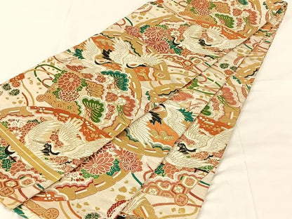 平和屋着物◎アンティーク　大正ロマン　丸帯　地紙飛鶴花文　正絹　逸品　AABN1502dk
