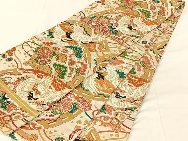 平和屋着物◎アンティーク　大正ロマン　丸帯　地紙飛鶴花文　正絹　逸品　AABN1502dk