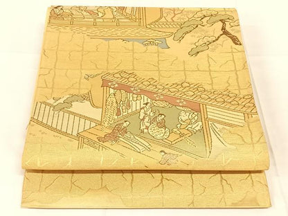 平和屋着物◎六通柄袋帯　人物風景文　金糸　正絹　逸品　AABN1507dk