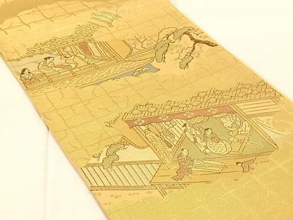 平和屋着物◎六通柄袋帯　人物風景文　金糸　正絹　逸品　AABN1507dk