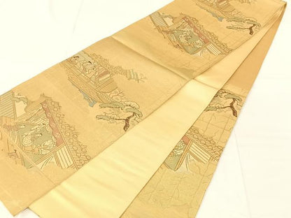 平和屋着物◎六通柄袋帯　人物風景文　金糸　正絹　逸品　AABN1507dk