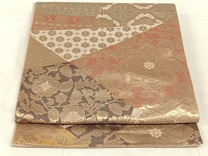 平和屋着物◎六通柄袋帯　切嵌花文　金糸　正絹　逸品　AABN1512dk
