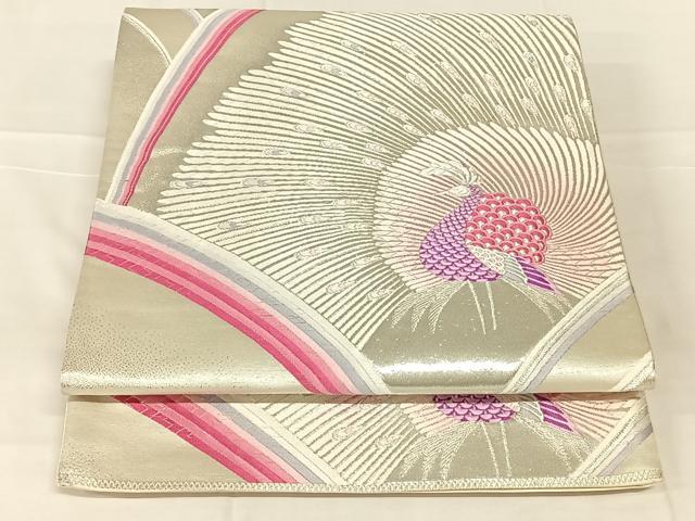 平和屋着物◎六通柄袋帯　唐織　大孔雀文　銀糸　正絹　逸品　AABN1519dk