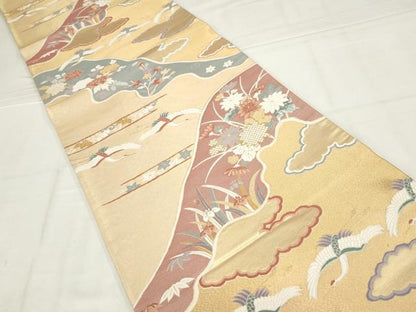 平和屋着物◎六通柄袋帯　唐織　遠山草花白鶴文　金糸　正絹　逸品　AABN1524ou