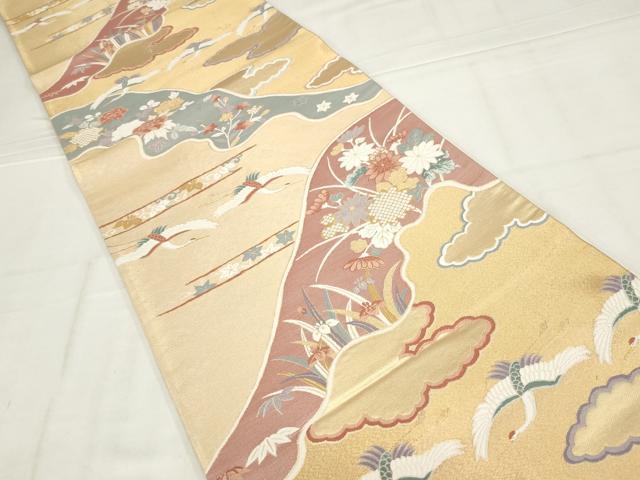 平和屋着物◎六通柄袋帯　唐織　遠山草花白鶴文　金糸　正絹　逸品　AABN1524ou