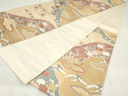 平和屋着物◎六通柄袋帯　唐織　遠山草花白鶴文　金糸　正絹　逸品　AABN1524ou