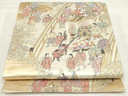 平和屋着物◎六通柄袋帯　人物風景文　金糸　正絹　逸品　AABN1531ou