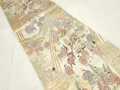 平和屋着物◎六通柄袋帯　人物風景文　金糸　正絹　逸品　AABN1531ou