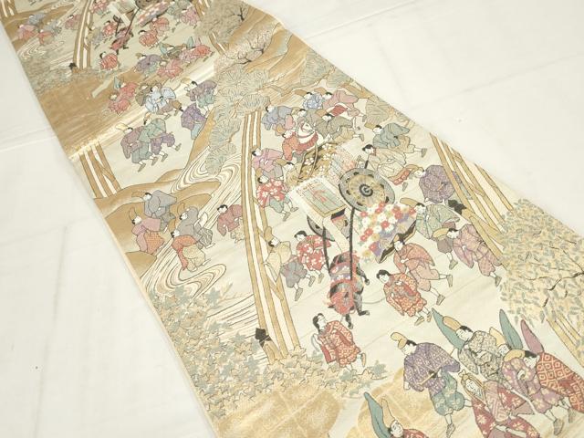 平和屋着物◎六通柄袋帯　人物風景文　金糸　正絹　逸品　AABN1531ou