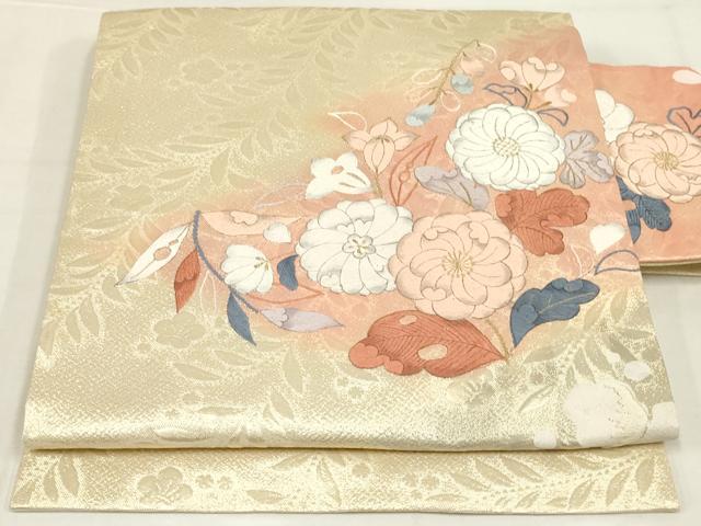 平和屋着物◎九寸名古屋帯　唐織　辻が花　草花文　正絹　逸品　AABN1536ou