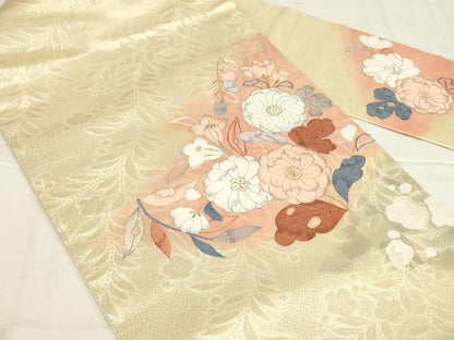 平和屋着物◎九寸名古屋帯　唐織　辻が花　草花文　正絹　逸品　AABN1536ou