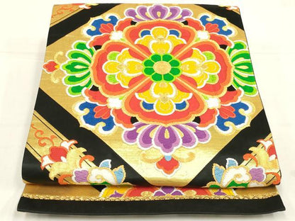 平和屋着物◎六通柄袋帯　唐織　正倉院花文　黒地　金糸　正絹　逸品　AABN1543ou