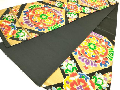 平和屋着物◎六通柄袋帯　唐織　正倉院花文　黒地　金糸　正絹　逸品　AABN1543ou