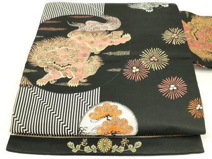 平和屋着物◎九寸名古屋帯　唐獅子　岩栄　黒地　金糸　正絹　逸品　AABN1548ou