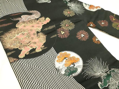 平和屋着物◎九寸名古屋帯　唐獅子　岩栄　黒地　金糸　正絹　逸品　AABN1548ou