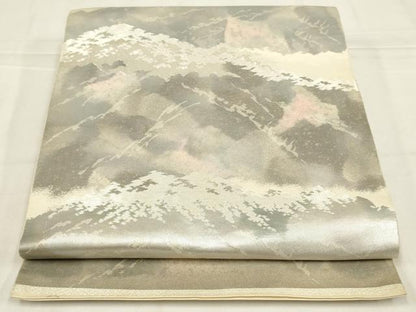 平和屋着物◎西陣　服部織物謹製　六通柄袋帯　こはく錦　風景文　銀糸　正絹　逸品　AABN1550ou