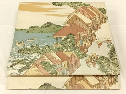 平和屋着物◎六通柄袋帯　人物風景文　金糸　正絹　逸品　AABN1570dk
