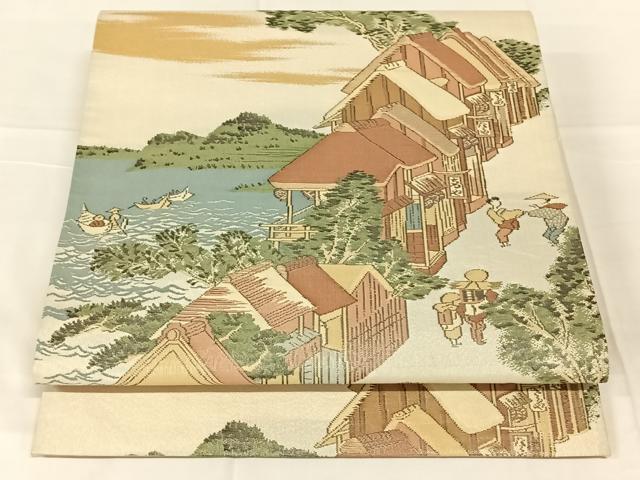 平和屋着物◎六通柄袋帯　人物風景文　金糸　正絹　逸品　AABN1570dk