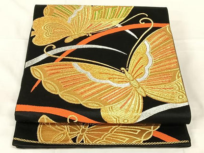 平和屋着物◎六通柄袋帯　舞蝶文　黒地　金銀糸　正絹　逸品　AABN1597dk