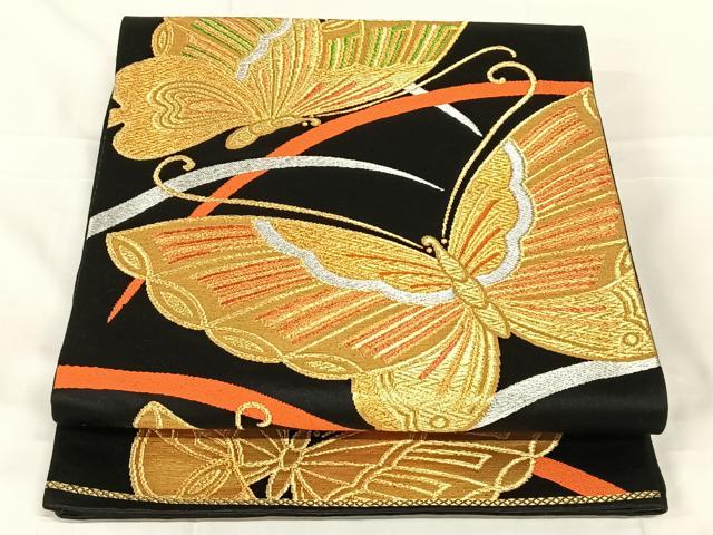 平和屋着物◎六通柄袋帯　舞蝶文　黒地　金銀糸　正絹　逸品　AABN1597dk